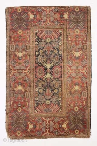 Early persian ferahan rug with an unusual and exceptional border. As found, very very very dirty and with overall low pile as shown. You can see one small old patch in close  ...