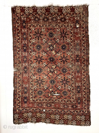 Early turkman small rug or ensi with an interesting design and good natural colors. An older example with a large scale archaic Mina khani field, good borders and eye catching skirt panels.  ...