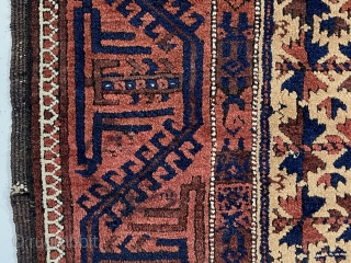 Antique camel ground Baluch prayer rug in rather good condition. Text book design other than unusually tiny hand panels and the “tree of life” trunk made up from tiny turkman motifs. Overall  ...