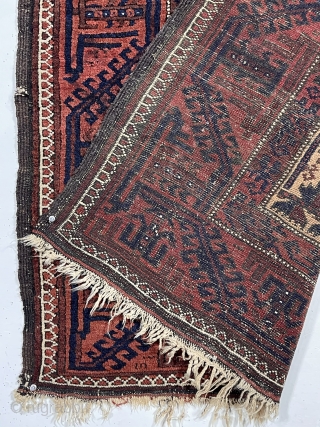 Antique camel ground Baluch prayer rug in rather good condition. Text book design other than unusually tiny hand panels and the “tree of life” trunk made up from tiny turkman motifs. Overall  ...