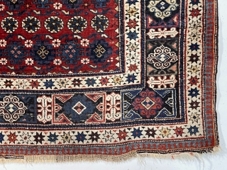 Antique small Caucasian shirvan rug with attractive drawing, good condition and first rate color. A chi chi variant allover field with colorful Kufic border. Overall mostly good even pile with a few  ...