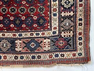 Antique small Caucasian shirvan rug with attractive drawing, good condition and first rate color. A chi chi variant allover field with colorful Kufic border. Overall mostly good even pile with a few  ...