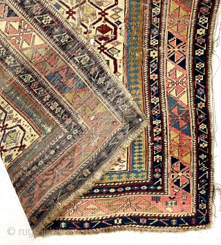 Early ivory ground shirvan prayer rug with unusual elements and extremely saturated natural colors. Some lattice elements are unusual if not unique. Unfortunately the rug is in very rough condition with areas  ...