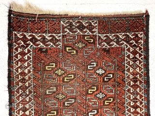 Antique Baluch rug with an unusual version of the double prayer design. Both niches created by offsetting the ivory border rather than the typical continuous design. The “tile” design field is uncommon  ...