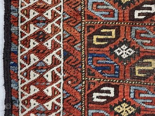 Antique Baluch rug with an unusual version of the double prayer design. Both niches created by offsetting the ivory border rather than the typical continuous design. The “tile” design field is uncommon  ...