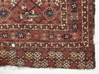 Early turkman small rug or ensi with an interesting design and good natural colors. An older example with a large scale archaic Mina khani field, good borders and eye catching skirt panels.  ...