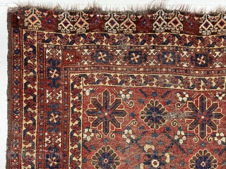 Early turkman small rug or ensi with an interesting design and good natural colors. An older example with a large scale archaic Mina khani field, good borders and eye catching skirt panels.  ...