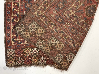 Early turkman small rug or ensi with an interesting design and good natural colors. An older example with a large scale archaic Mina khani field, good borders and eye catching skirt panels.  ...