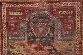 Antique early caucasian prayer rug, dated 1286. Interesting design with an unusual and well drawn border. "As found", very dirty with low pile, some wear and edge roughness as shown. Areas of  ...