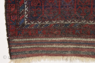 antique baluch prayer rug. Unusual design. all natural colors with nice light blues. no repairs. Nice long kelim ends. small squarish size. 19th c. 3'3" x 4'3"      