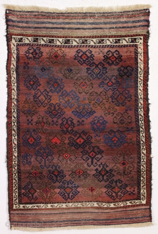 antique turkish knotted baluch rug in pretty good condition with a wild design and great color. All beautiful natural colors including small bits of fiery red highlights. "as found", with allover good  ...