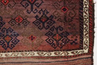 antique turkish knotted baluch rug in pretty good condition with a wild design and great color. All beautiful natural colors including small bits of fiery red highlights. "as found", with allover good  ...