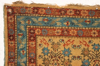 antique yellow gold rug, probably turkish with an attractive allover design and pretty good condition. As found, dirty with good pile but some end roughness as shown. Nice older floor rug. Early  ...