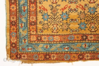 antique yellow gold rug, probably turkish with an attractive allover design and pretty good condition. As found, dirty with good pile but some end roughness as shown. Nice older floor rug. Early  ...