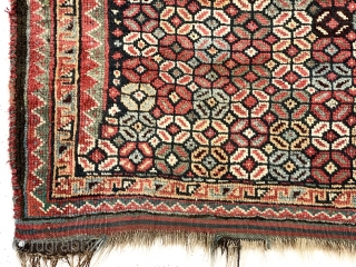 Antique south Persian rug, probably qashqai, with an uncommon design and very good condition for an older weaving. Very pretty range of good natural colors including rich greens and a deep blue  ...