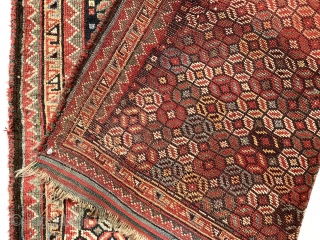 Antique south Persian rug, probably qashqai, with an uncommon design and very good condition for an older weaving. Very pretty range of good natural colors including rich greens and a deep blue  ...