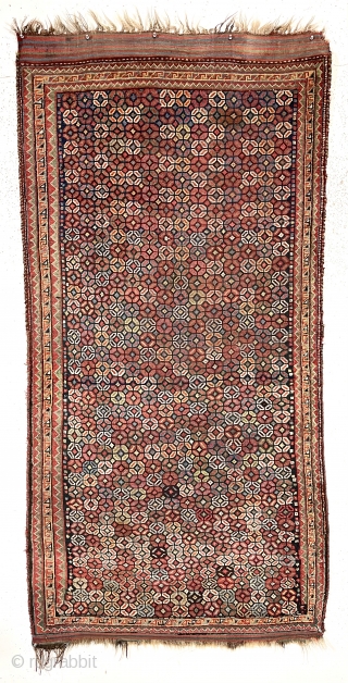 Antique south Persian rug, probably qashqai, with an uncommon design and very good condition for an older weaving. Very pretty range of good natural colors including rich greens and a deep blue  ...