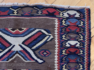 Rare small bidjar kelim. Eye catching design with an inspired border. Overall good condition with good natural colors. Natural brown wool ground. Cotton warps. I see a few small dime sized nibbles.  ...