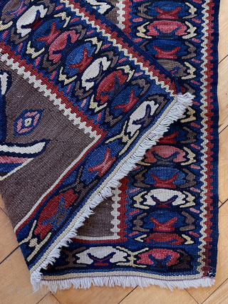 Rare small bidjar kelim. Eye catching design with an inspired border. Overall good condition with good natural colors. Natural brown wool ground. Cotton warps. I see a few small dime sized nibbles.  ...