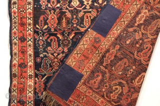 Antique Afshar rug with classic design and good "as found" New England house condition.  Good meaty pile with all natural colors. All wool. A couple of spots needing easy repair (now  ...