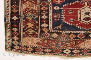 antique caucasian shirvan rug in fair condition for an older example. A karagashli variant with all natural colors featuring a pretty gold colored main border. Even low cut pile with scattered wear  ...