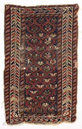 Antique caucasian shirvan rug. Well drawn field lattice and an archaic eye catching border with all natural colors featuring a lovely old grape purple and deep greens. Allover low pile with areas  ...