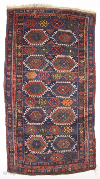 antique good sized kurdish rug. As found, very dirty with all natural colors and allover good pile. Slight corner rounding and a few minor creases as usual in this type. I see  ...