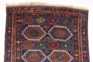 antique good sized kurdish rug. As found, very dirty with all natural colors and allover good pile. Slight corner rounding and a few minor creases as usual in this type. I see  ...