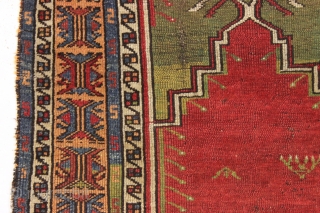 antique anatolian village prayer rug with very attractive colors. In fair condition for an older example with mostly decent pile but some wear and rough edges all around. All natural colors featuring  ...