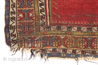 antique anatolian village prayer rug with very attractive colors. In fair condition for an older example with mostly decent pile but some wear and rough edges all around. All natural colors featuring  ...