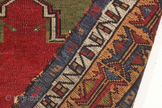 antique anatolian village prayer rug with very attractive colors. In fair condition for an older example with mostly decent pile but some wear and rough edges all around. All natural colors featuring  ...