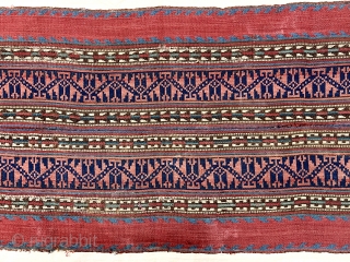 Antique Persian or Kurdish jajim fragment mounted on linen or cotton backing. Fine weave and beautiful natural colors. Great supple handle. 19th c. 13” x 33” not including backing.    