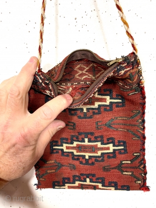 Little bag, possibly original or possibly made from an old turkman textile. Textile looks to have all good natural colors, later edge binding not so. Zipper unlikely antique. As found, could use  ...