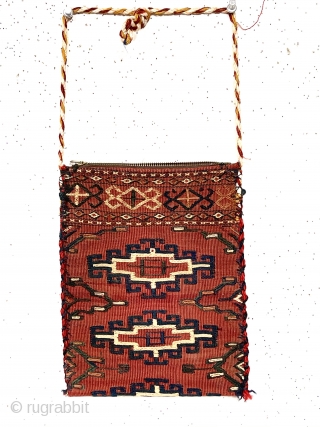 Little bag, possibly original or possibly made from an old turkman textile. Textile looks to have all good natural colors, later edge binding not so. Zipper unlikely antique. As found, could use  ...