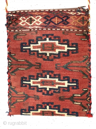 Little bag, possibly original or possibly made from an old turkman textile. Textile looks to have all good natural colors, later edge binding not so. Zipper unlikely antique. As found, could use  ...