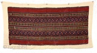 Antique Persian or Kurdish jajim fragment mounted on linen or cotton backing. Fine weave and beautiful natural colors. Great supple handle. 19th c. 13” x 33” not including backing.    