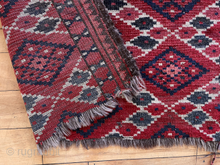Antique turkman ersari Chuval with ikat inspired design and good natural old colors. Nice old greens. Selvages appear original but obvious loss top and bottom. Reasonably clean. 19th c. 18” x 35” 