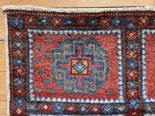 Quartered memling gul bagface, possibly northwest Persian. Good condition colorful example of this design group. Natural dyes with pretty light blues and yellow highlights. Cotton warps.  Reasonably clean. Late 19th c.  ...
