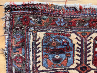 Colorful little antique complete bag, probably Afshar. Decent pile with scattered old moth nibbles. Good wool and saturated natural colors. Original back. Reasonably clean. Cotton warps. Late 19th c. 15” x 22” 