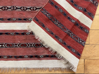 Older turkman Ak Chuval front with nice fine weave and soft cloth like handle. Fair condition for the age with scattered abrasion and a small dime sized hole in the flat weave.  ...