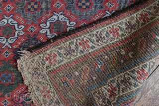 antique kurd bidjar long rug. Interesting and unusual field design. All natural colors. Pile varies from decent medium to low with foundation peeking. No repairs. A charming floor rug, a bit rough  ...