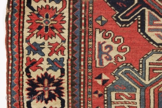 antique kazak rug with a wide "crab" border. All natural colors. As found, very dirty, with wear and some damage as shown but complete with original selvages. In need of at least  ...
