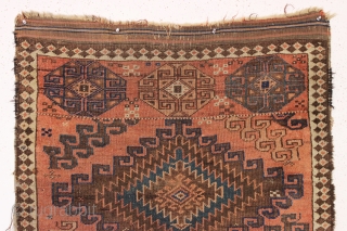 old and very unusual baluch rug with a sampler like design. As found, dirty with some wear and edge roughness as shown. Turkish knotted. Soft natural colors. I have never encountered such  ...