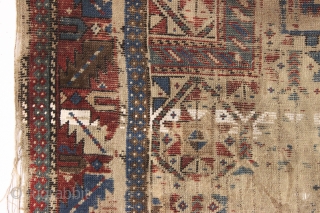 Early but distressed caucasian prayer rug. Unusual to find some original cotton pile. In "New England condition" and priced accordingly. All natural colors. Very dirty. mid 19th c. 3'6" x 4'2"   ...