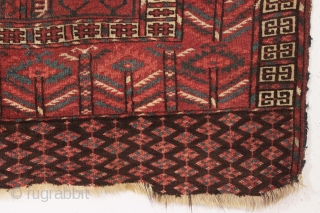 older tekke ensi in fair condition with some nice greens. Mostly good pile. Good quality wool. All natural colors. Imperfect and priced accordingly. ca. 1875. 3'11" x 4'10"     
