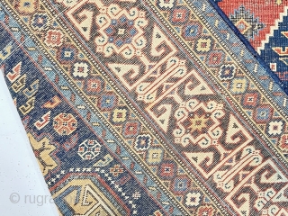 Antique Caucasian shirvan rug with a somewhat uncommon field paired with a nicely drawn Kufic border. Overall even very low pile with scattered wear and oxidation. All natural colors including nice yellow  ...