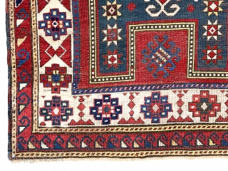 Antique Caucasian Kazak prayer rug with several very interesting features. Unusual eye catching ivory main border and an even more unusual minor border. All good natural  colors including a strong tomato  ...