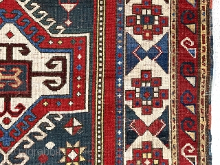 Antique Caucasian Kazak prayer rug with several very interesting features. Unusual eye catching ivory main border and an even more unusual minor border. All good natural  colors including a strong tomato  ...