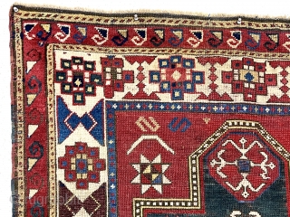 Antique Caucasian Kazak prayer rug with several very interesting features. Unusual eye catching ivory main border and an even more unusual minor border. All good natural  colors including a strong tomato  ...