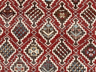 Antique example of an eastern Caucasian type with overall lattice design. Generally referred to as kuba rugs, with depressed weave, this one has light colored selvages usually associated with shirvan rugs not  ...